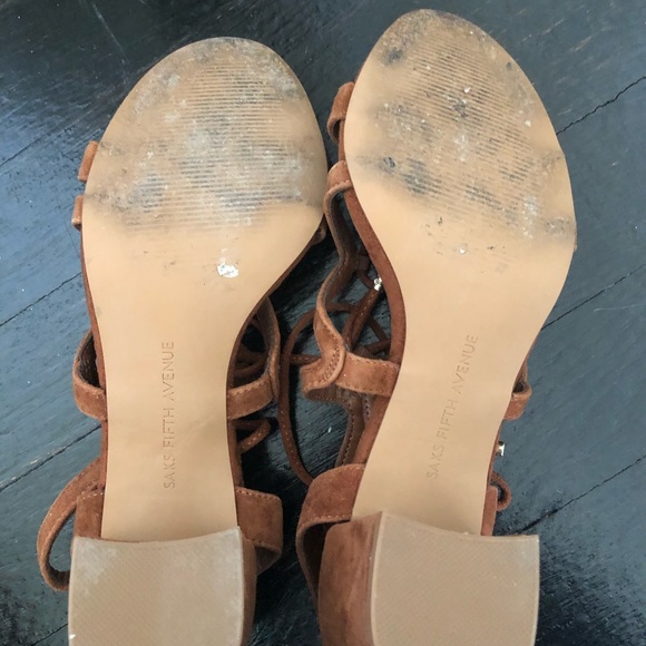 Saks 5th Ave suede strapped block heels brown - Picture 3 of 5